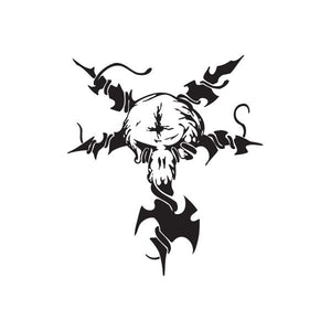 Vinyl wall decal, black fantasy winged figure with skull face and curved horns
