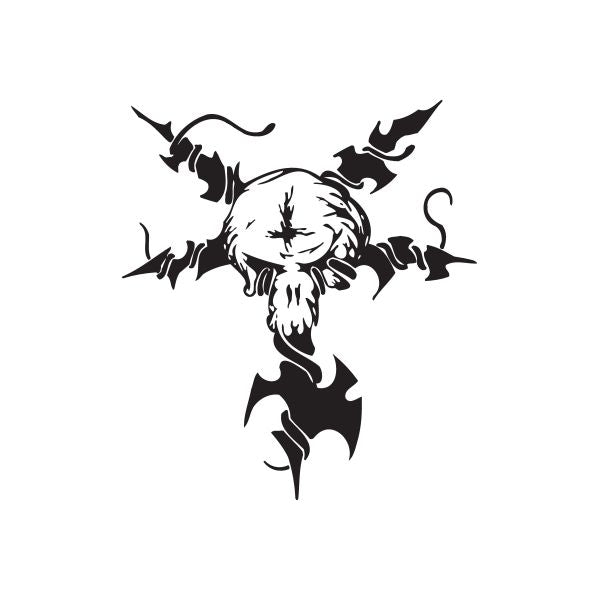 Vinyl wall decal, black fantasy winged figure with skull face and curved horns