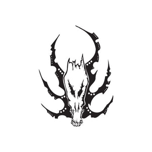 Vinyl wall decal of a black skull with flame-like twisted metal design