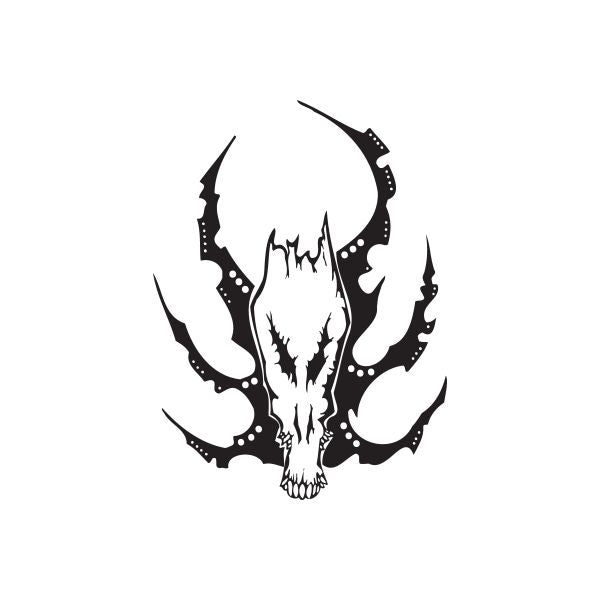 Vinyl wall decal of a black skull with flame-like twisted metal design