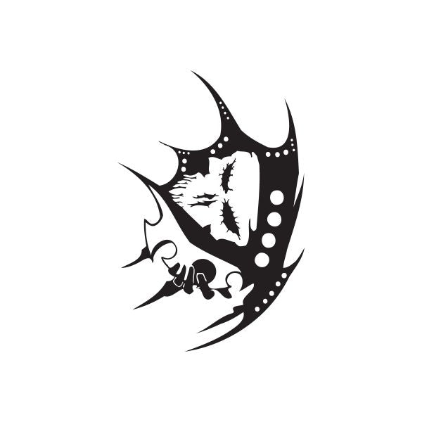 Vinyl wall decal: black and white skull on crescent with flame details and dots