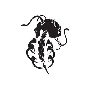 Vinyl wall decal: black stylized horned skull with long spikes and chain details