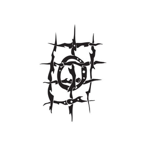 Vinyl wall decal with black abstract graffiti swirl and circular emblem