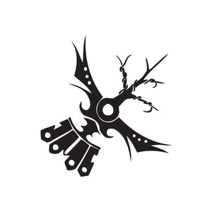 Black twisted metal emblem vinyl wall decal with spiked blades and bolt details