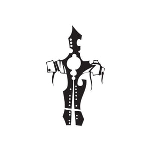 Vinyl wall decal of a black armored figure with spikes and circular studs