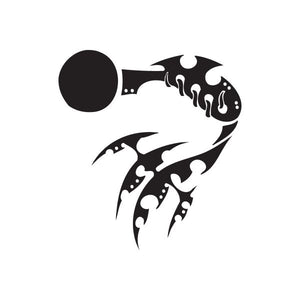 Black tribal wall decal with circular emblem and curling flame-like design