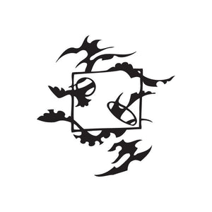 Black flame-edged emblem vinyl wall decal with stylized center graphic