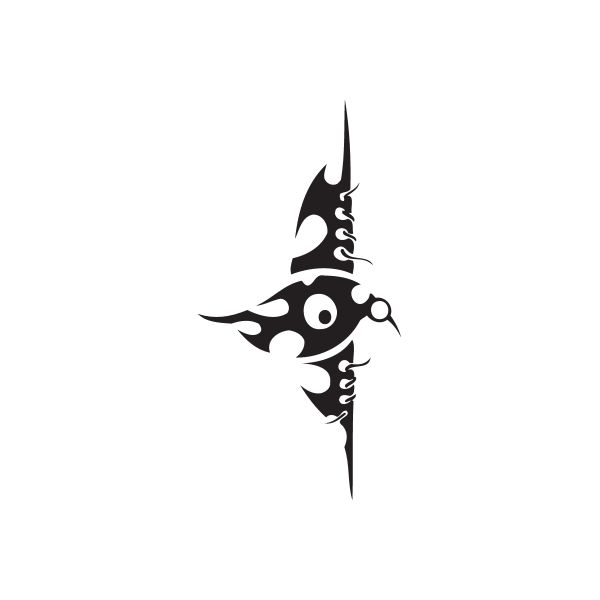 Vinyl wall decal: black fish-face with fin, spiky tail, and circular eye.