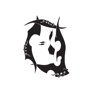 Vinyl wall decal, black stylized face with flame-like curls