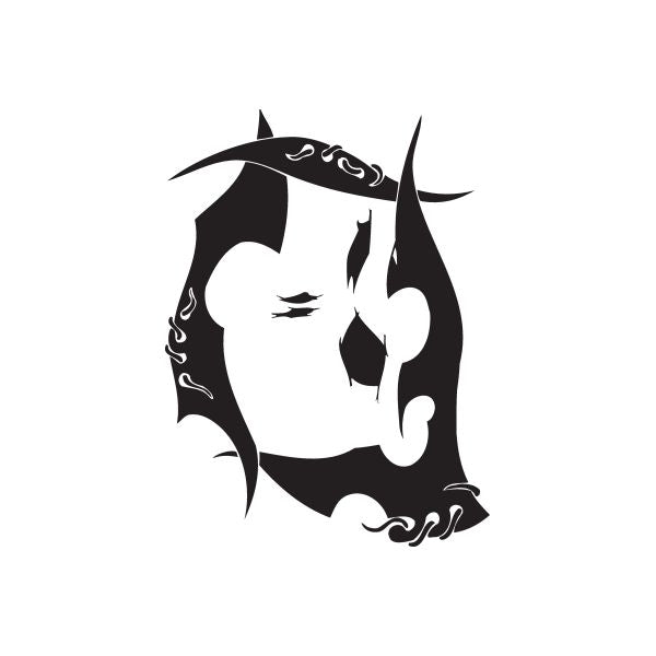 Vinyl wall decal, black stylized face with flame-like curls