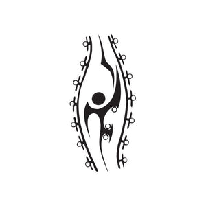 Black abstract wall decal with flame-like teardrop shape and curved swirl lines