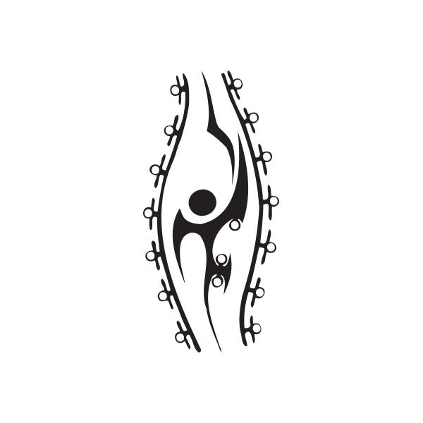 Black abstract wall decal with flame-like teardrop shape and curved swirl lines