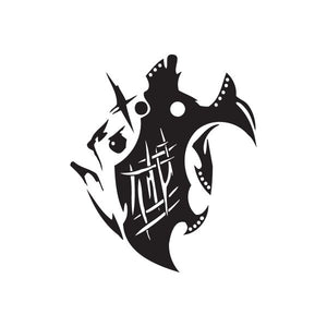 Black twisted metal style vinyl wall decal silhouette with spiky shapes and swirl wings