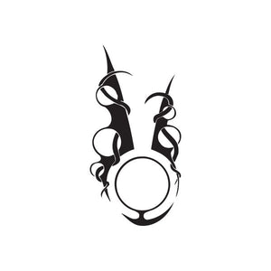 Black twisted metal vinyl wall decal with curled horn shapes and central circle.