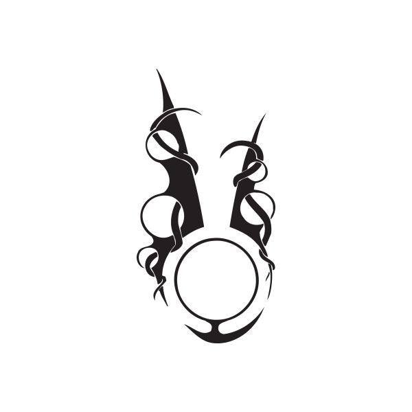 Black twisted metal vinyl wall decal with curled horn shapes and central circle.
