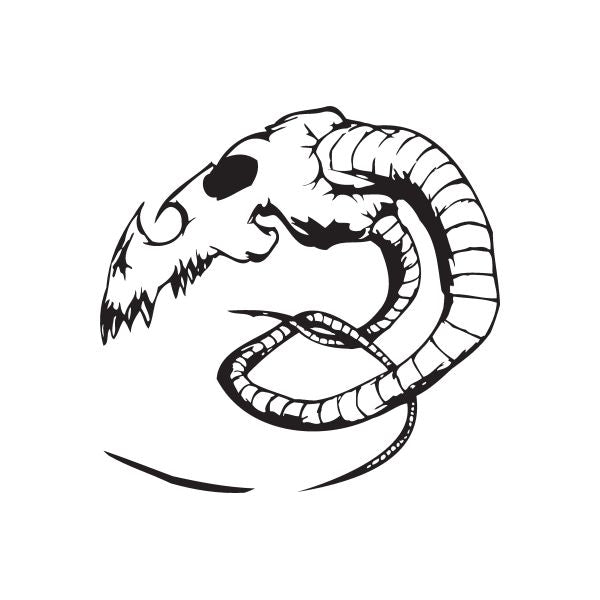 Skull-and-snake vinyl wall decal, black-and-white design