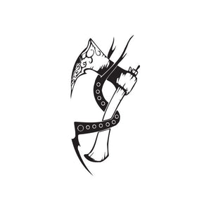Black and white vinyl wall decal with stylized figure holding a blade