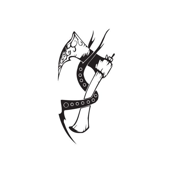 Black and white vinyl wall decal with stylized figure holding a blade
