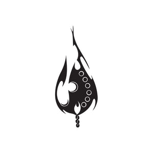 Black flame-shaped vinyl wall decal with circular dots and decorative base curl