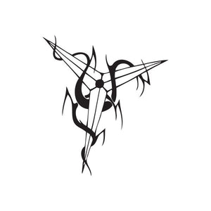 Abstract black metal-style wall decal with angular swirl and central circle emblem