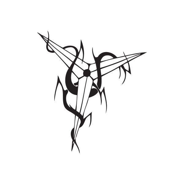 Abstract black metal-style wall decal with angular swirl and central circle emblem