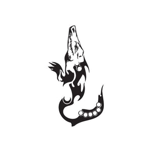 Black flame demon vinyl wall decal with flame tail and circular accents