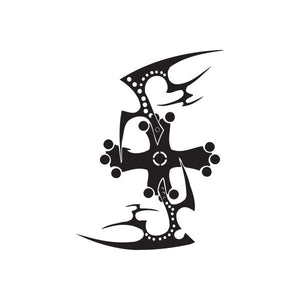 Black abstract winged wall decal with dotted circular details and curved blades
