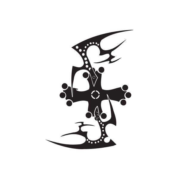 Black abstract winged wall decal with dotted circular details and curved blades