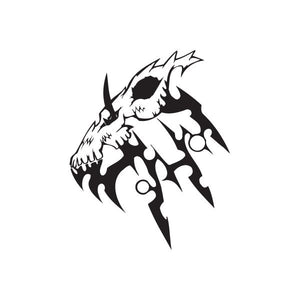 Vinyl wall decal of a black and white spiked dragon face emblem