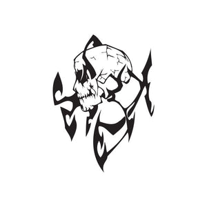 Skull vinyl wall decal with horned tribal spikes, black and white