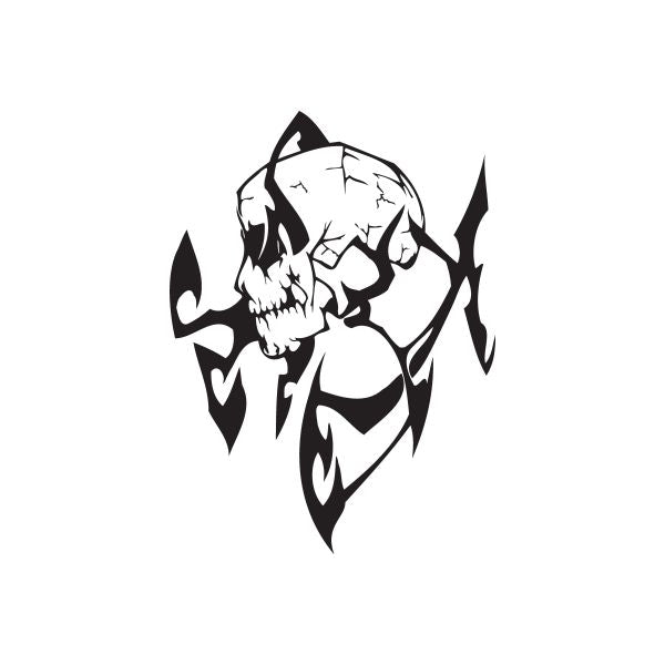 Skull vinyl wall decal with horned tribal spikes, black and white