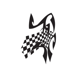 Vinyl wall decal with black and white racing checkers and flame swirl design