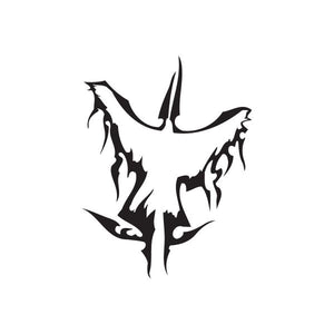 Black tribal flame wall decal with sharp, angular emblem, vinyl sticker