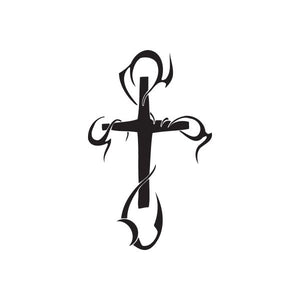 Black vinyl wall decal of a twisted cross with winged tribal swirls, DC 192