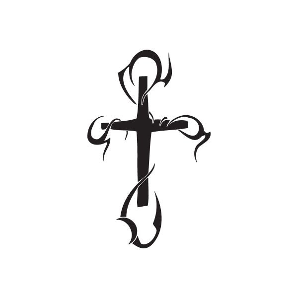 Black vinyl wall decal of a twisted cross with winged tribal swirls, DC 192