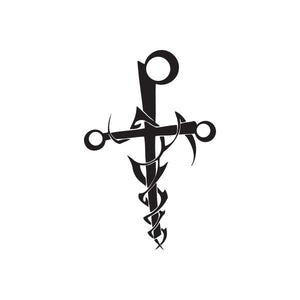 Black twisted metal sword wall decal with circular hilt and trident-like tip