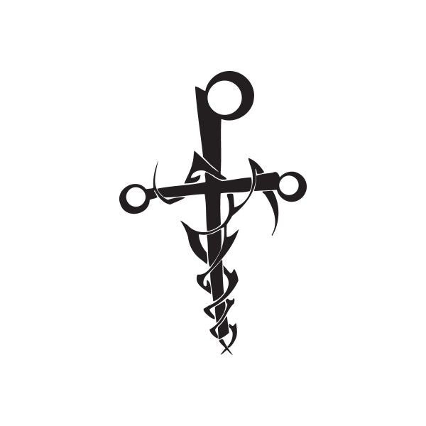 Black twisted metal sword wall decal with circular hilt and trident-like tip