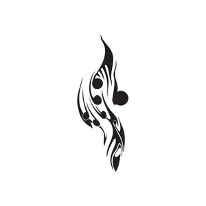 Black flame-style vinyl wall decal with tribal swirl and heart shapes