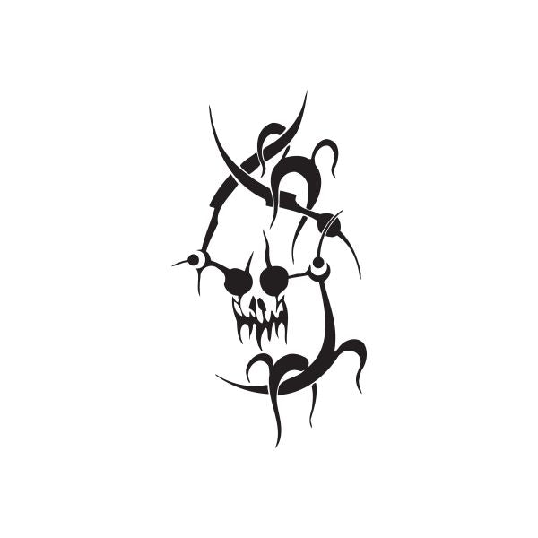 Black skull vinyl wall decal with swirling curved lines