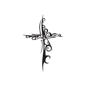 Black ornamental vinyl wall decal with twisting filigree cross design