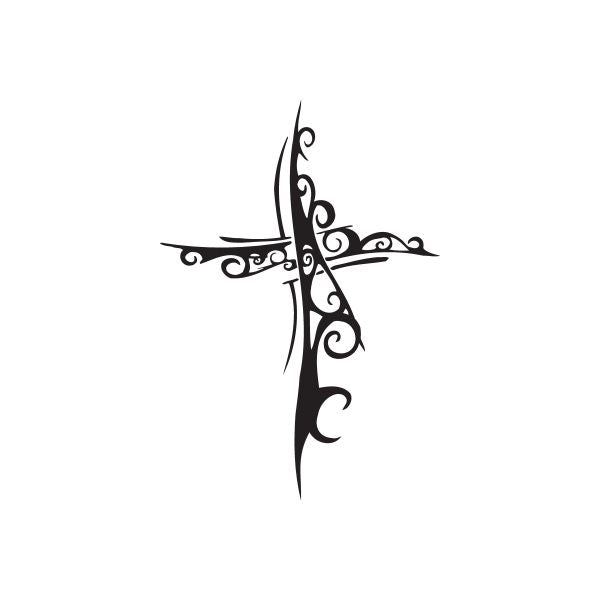 Black ornamental vinyl wall decal with twisting filigree cross design