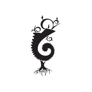 Black ornamental vinyl wall decal with curled serpent and perched bird design