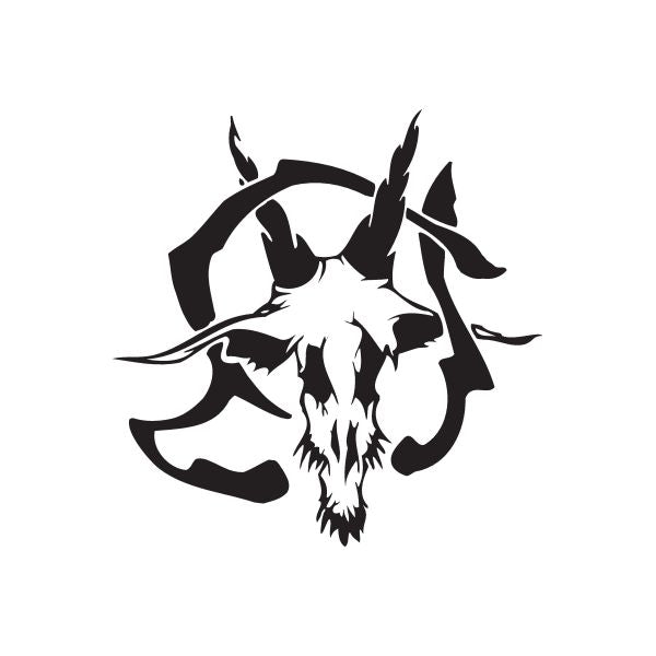 Skull wall decal with black flame accents and white highlights, vinyl sticker