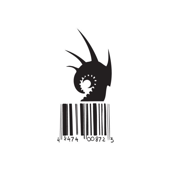 Vinyl wall decal, black angular emblem over barcode, DC 242