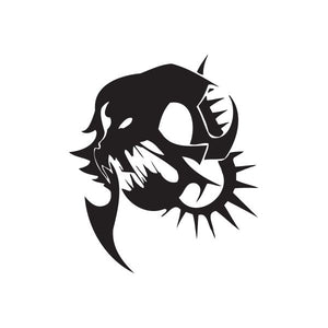 Black twisted metal skull vinyl wall decal with spiked flames and round eye