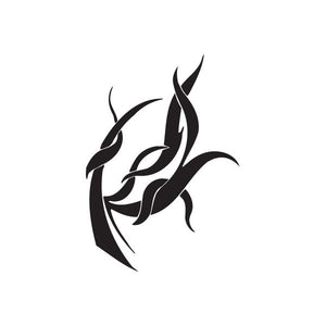 Black vinyl wall decal with twisted flame emblem and sharp swirls