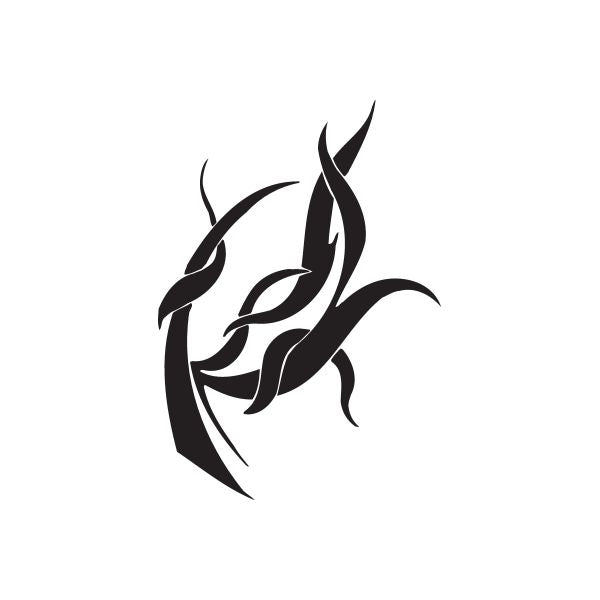 Black vinyl wall decal with twisted flame emblem and sharp swirls