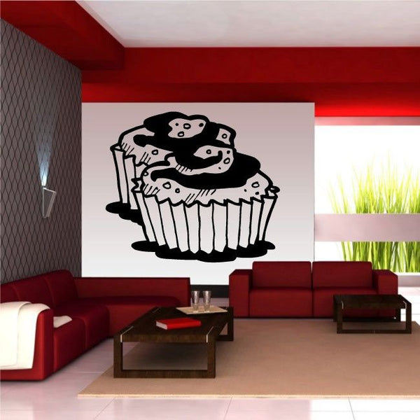 Two-cupcake wall decal with black and white frosting illustration