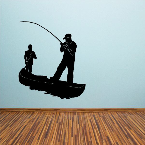 Black decal of two silhouetted fishermen standing and sitting on a boat
