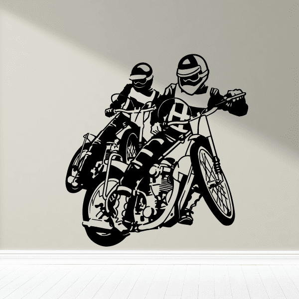 Dirt bike decal of two motocross racers on black and white bikes